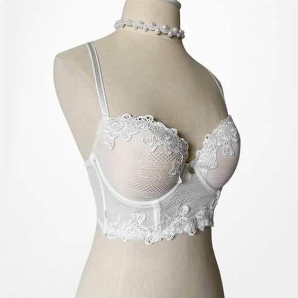 White Floral Lace Padded Corset Bustier Bralette Size 34C - Picture 6 of 8